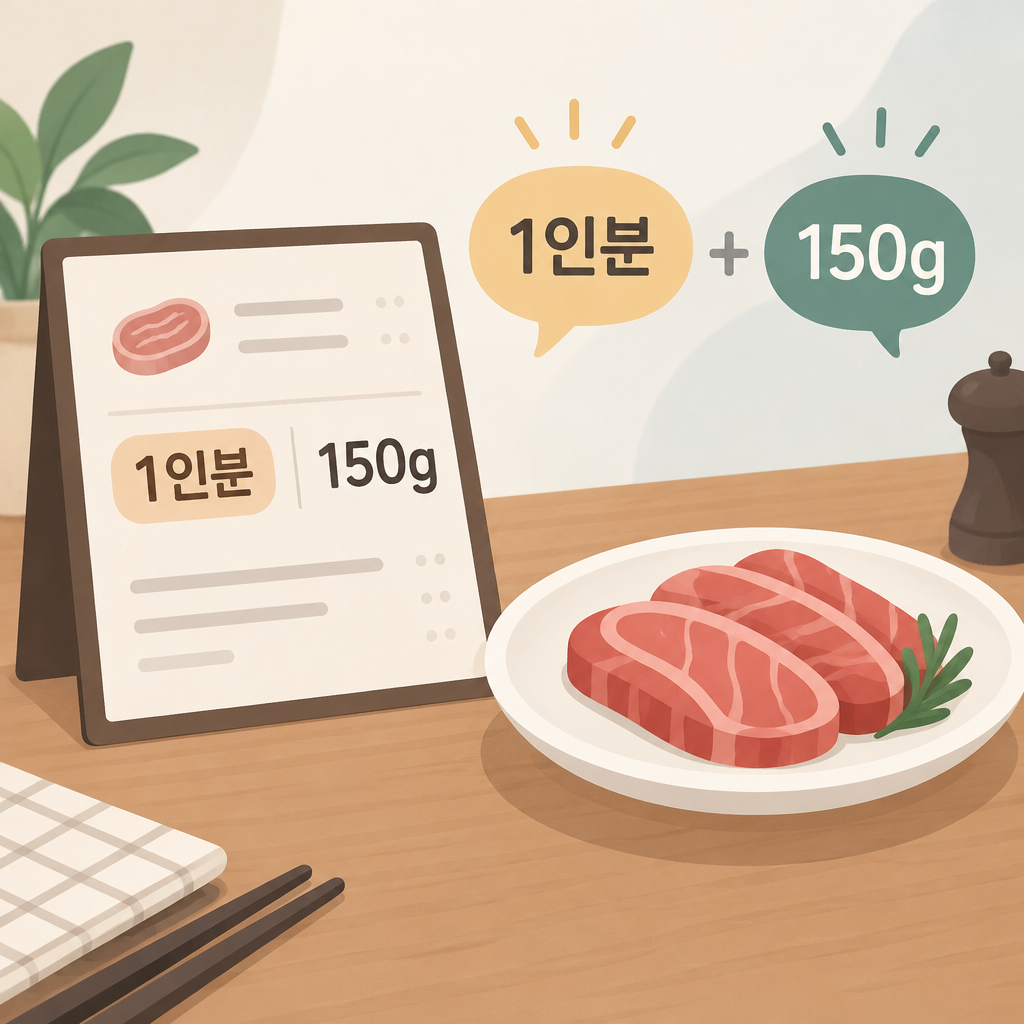 AI 생성 설명 이미지: 안산일동맛집에서 고기 메뉴의 ‘1인분’과 g 표기를 함께 읽는 법