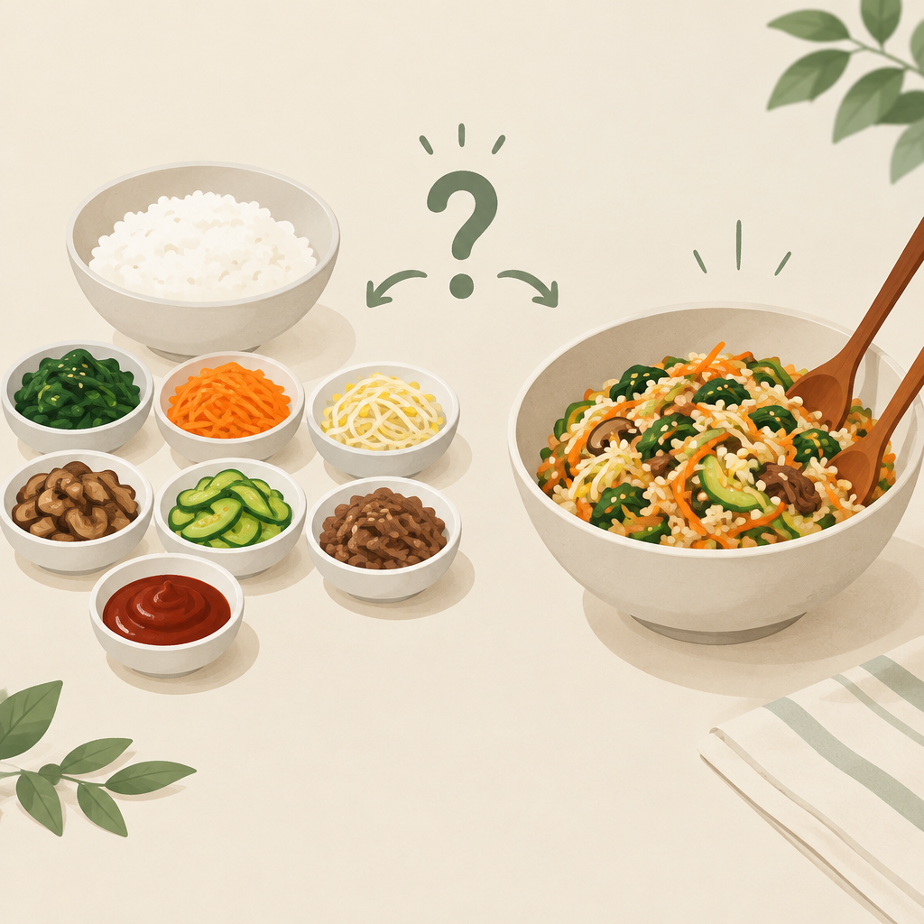 AI 생성 설명 이미지 1: 안산일동맛집 비빔밥, 고명과 밥은 한꺼번에 섞을까?